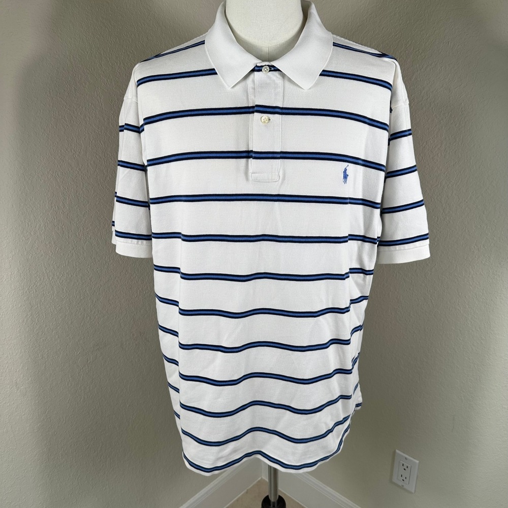 VTG Polo Ralph Lauren Striped Polo Men 2XL Big White Blue Prep Old Money